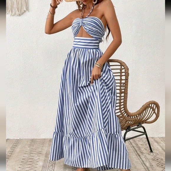 Women Vacation Striped Print Cut Out Ruffle Hem One Piece Summer Beach - Picture 3 of 4